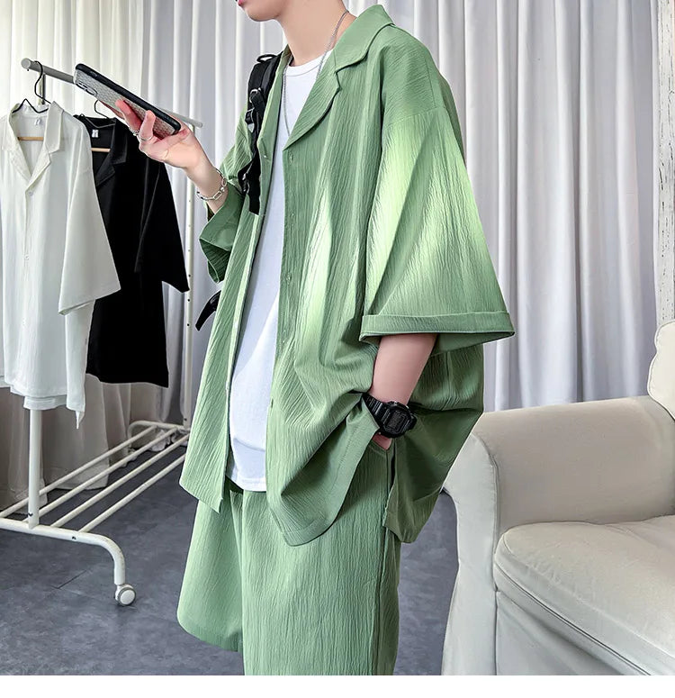 Korean Style Men's Set Shirt+Shorts Solid Short Sleeve Top Matching Bottoms Summer Fashion Oversized Clothing Men
