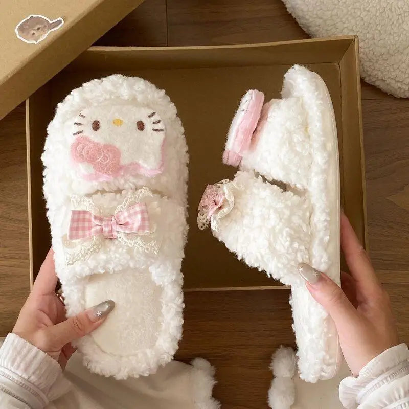 Sanrio Hello Kitty Adult Cotton Slippers Y2K Kawaii Cartoon Winter Indoor Open Toe Anti-Slip Slipper Comfortable Warm Shoes New