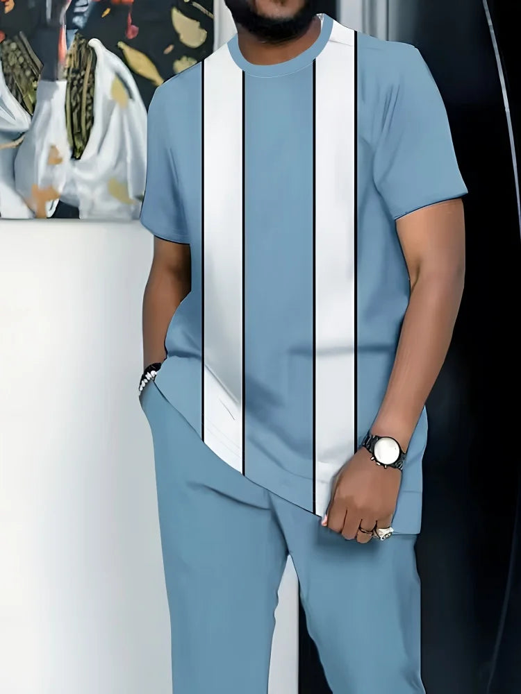 Summer Men's Short-Sleeve Suit Striped Print Short-Sleeve Top Paired With Tailored Trousers Outdoor & Streetwear Two-Piece Set