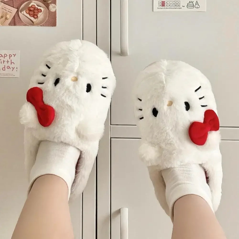 Cute Hello Kitty Anime Women Plush Slippers Sanrio Kawaii Cotton Shoes Student Winter Bedroom Soft Shoes Girls Festival Gifts
