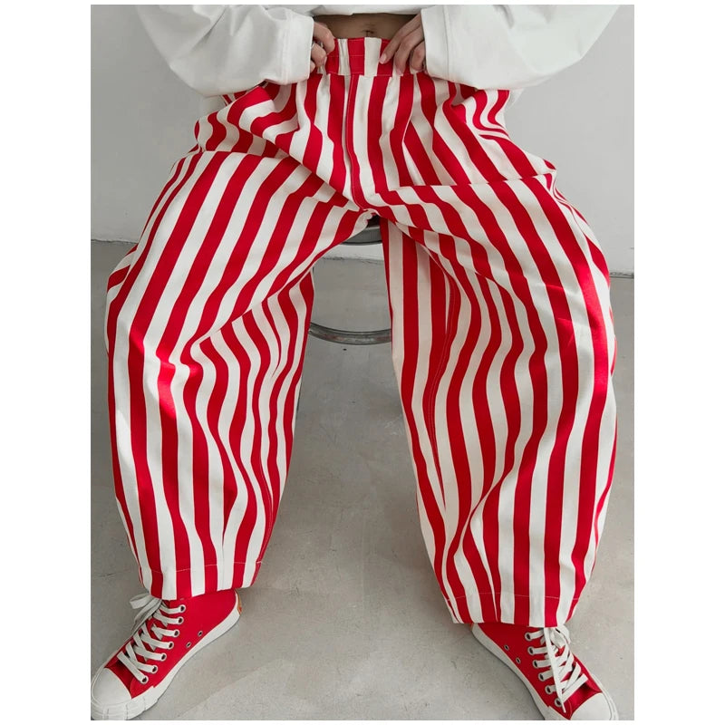 Red White Striped Balloon Pants Women's Elastic Waist Wide Leg Baggy Casual Trouser 2026 Summer New Streetwear Loose Fit Pants