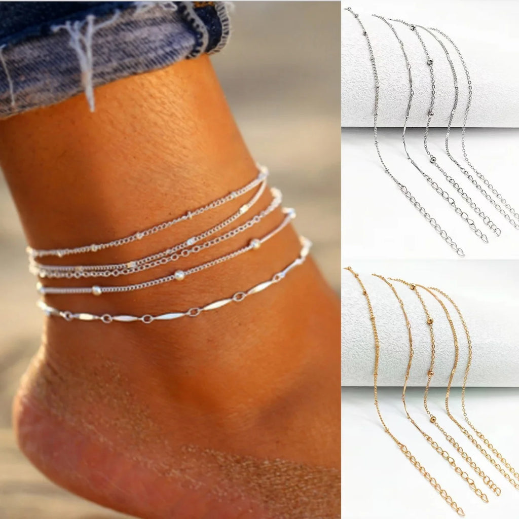 5 Pcs /set Silver plated Stainless Steel Anklet for women men Summer Beach Bracelet Accessories Jewelry Valentine's Day Gift