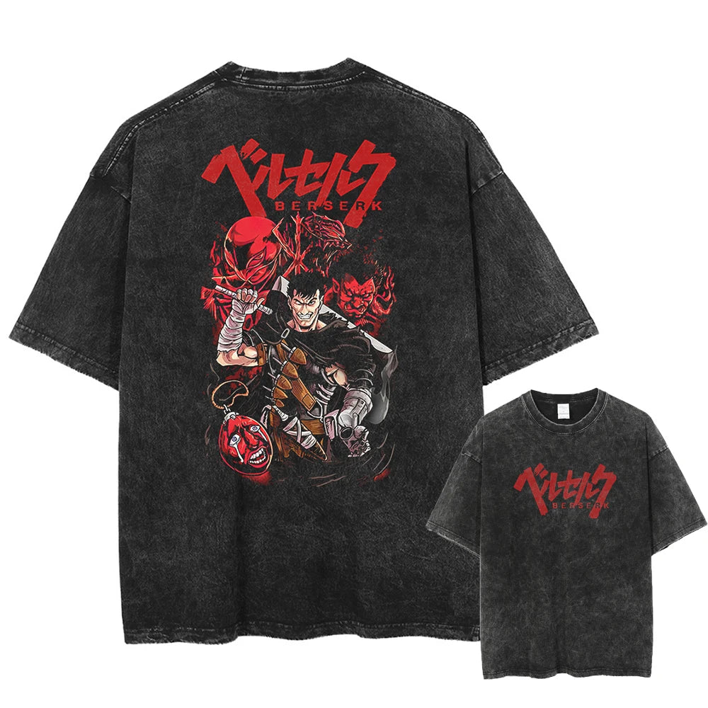 Anime Berserk Guts Printed Washed T-shirt Men Manga Street Tshirts Washed Cotton Harajuku Male Vintage Gothic Tops T Shirt
