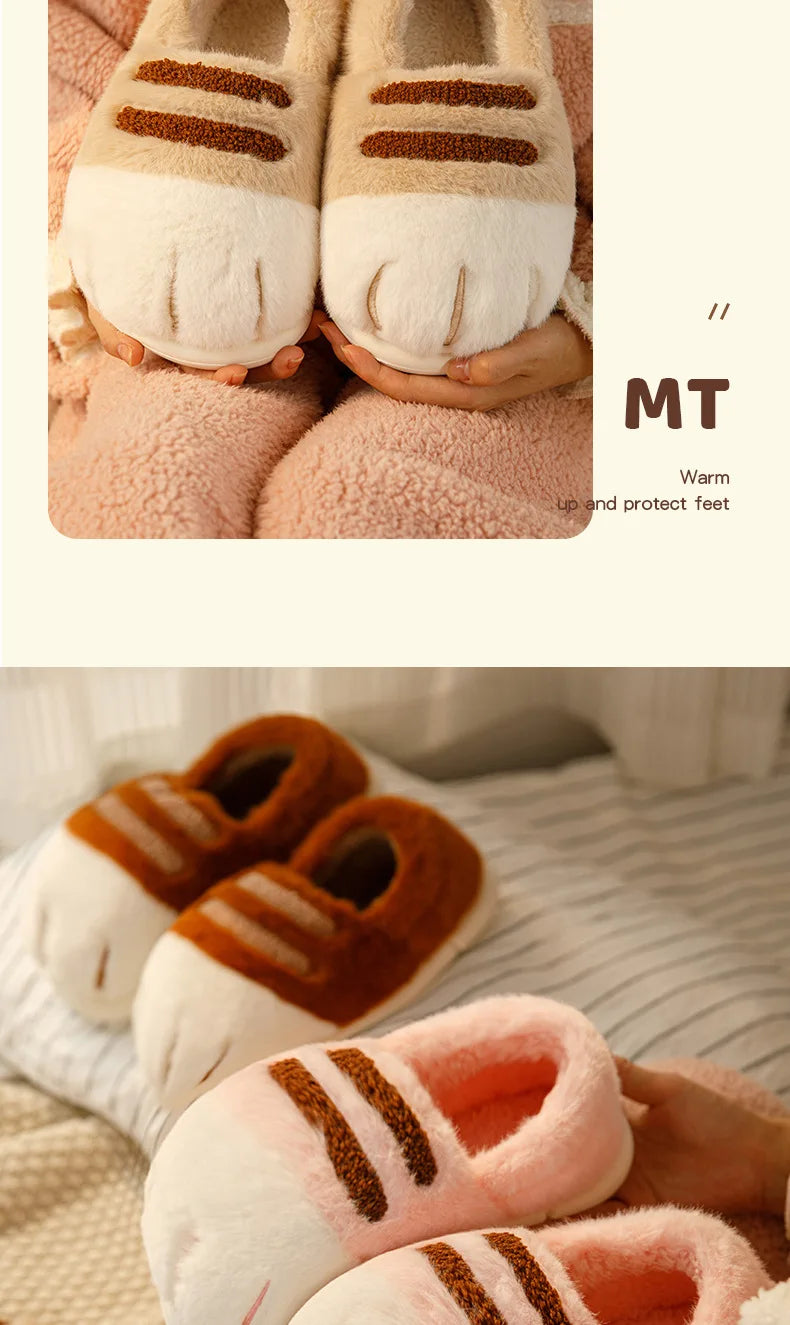 Newest cat paw feet slippers woman fluffy closed heel home shoes for women winter warm slip on animal claw slipper furry loafer
