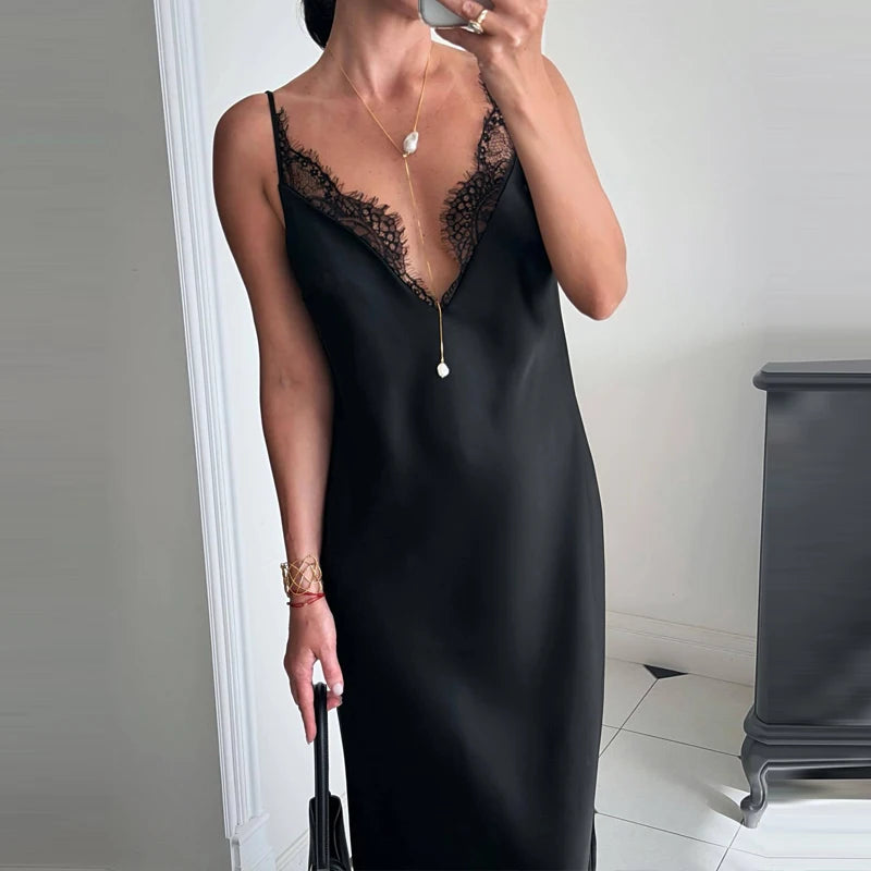 Elegant Solid Color Slim Women's Dress Summer Sexy Lady Hollow Out Vestidos Dress Fashion V-neck Lace Spliced Satin Maxi Dress