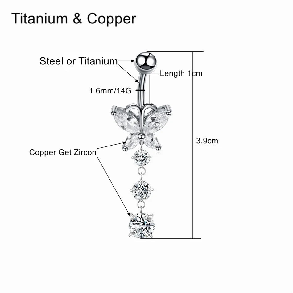 14G Surgical Titanium Dangle Belly Button Rings for Women Belly Ring Dangling Navel Piercing Jewelry with Heart Flower Butterfly