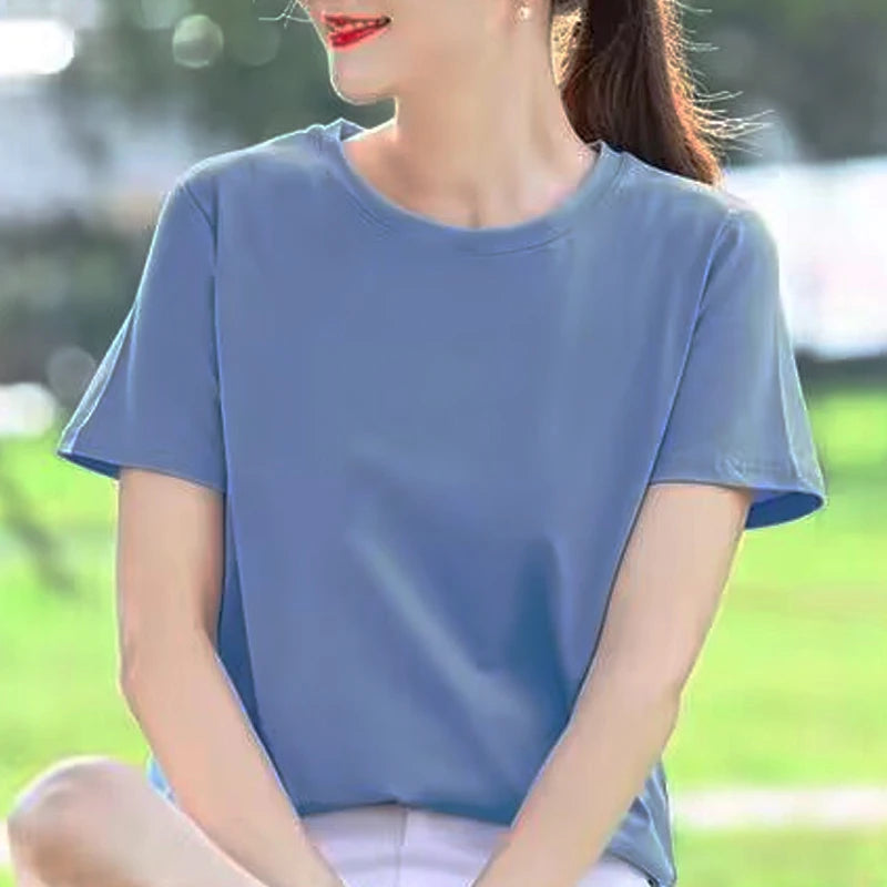 Summer Casual 100% Cotton Regular-Fit Women Crew Neck Basic White T-Shirts