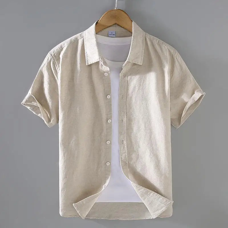 Men's Cotton Linen Short-Sleeved Shirt Summer Streetwear Plain Color Stand Collar Casual Beach Style plus Size M-3XL