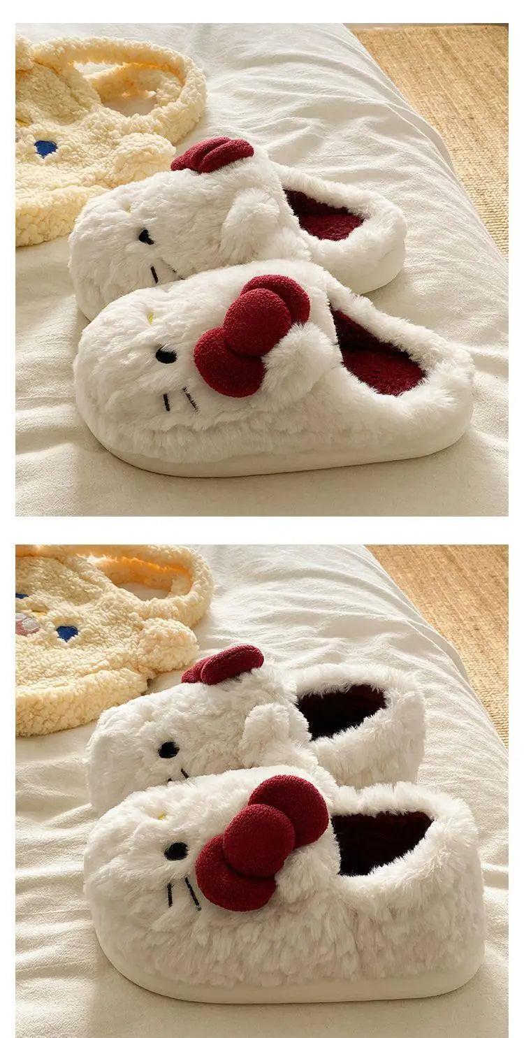 New Cartoon Hello Kitty Plush Slippers Sanrio Cute Female Anime Autumn Winter Home Plus Velvet Warm Thick Sole Baotou Slippers