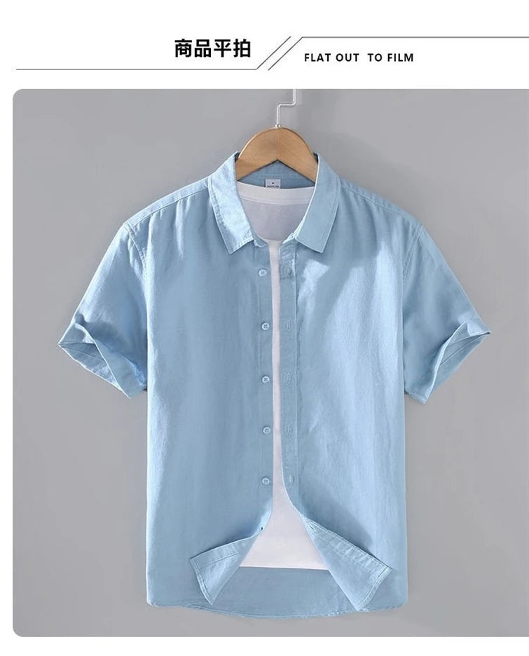 Men's Cotton Linen Short-Sleeved Shirt Summer Streetwear Plain Color Stand Collar Casual Beach Style plus Size M-3XL