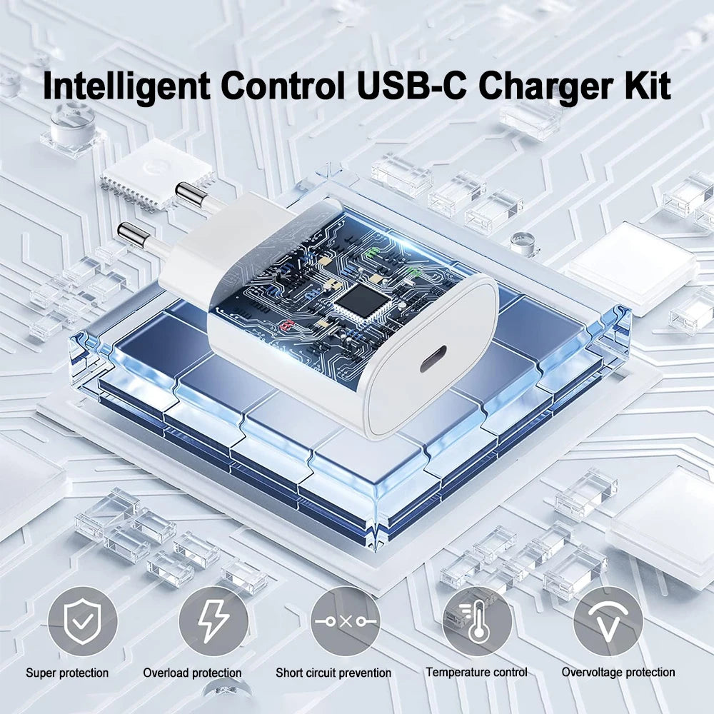 PD Charger 20W Fast Charging USB Type C Power Adapter For iPhone Apple 17 16 15 Pro Max iPad XiaoMi Samsung Quick Charger Cable