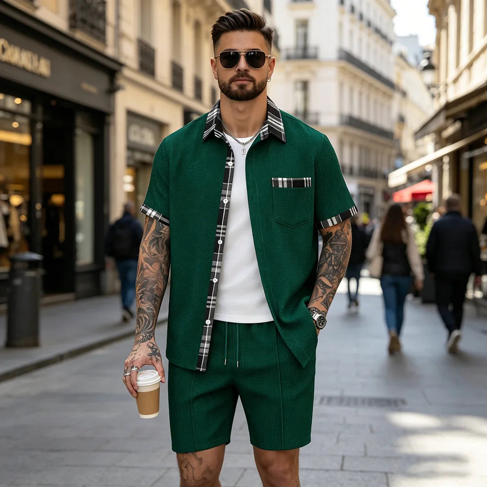Summer New Waffle Set, Men's Plaid Spliced Short-Sleeve Shirt & Shorts, Casual Two-Piece Outfit F156D
