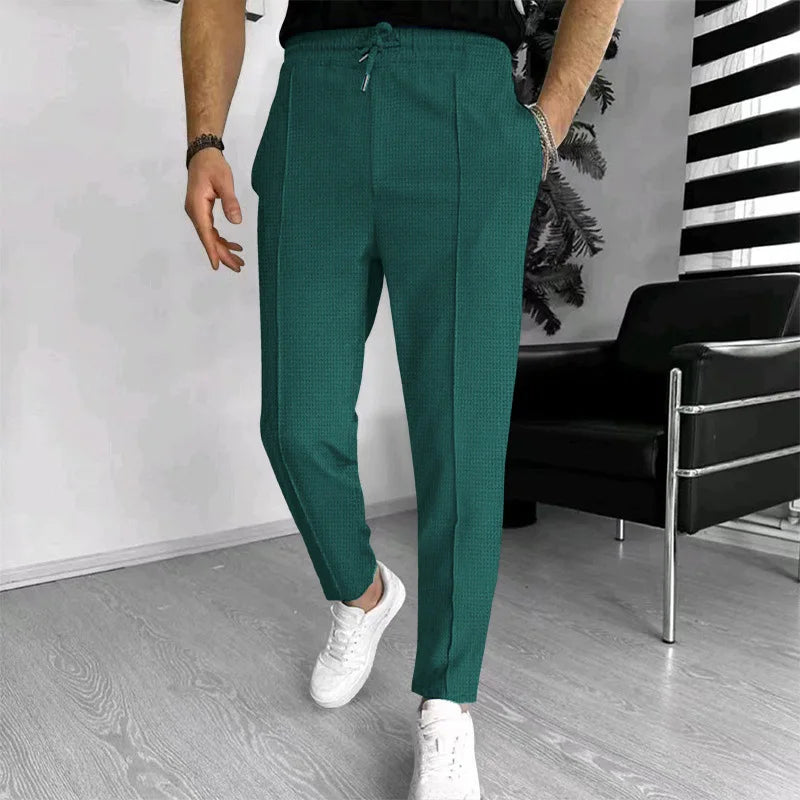 Men Waffle Knit Slim Fit Pants Drawstring Trousers With Pockets Stylish Design Spring Autumn Outdoor Travel Daily Street Wear