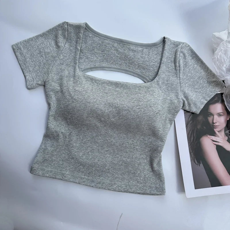 T-shirt Woman Clothing Square Neckline Tops Short Sleeve Crop Top with Bras for Women Girls Sexy Street Wear Backless Top Tees