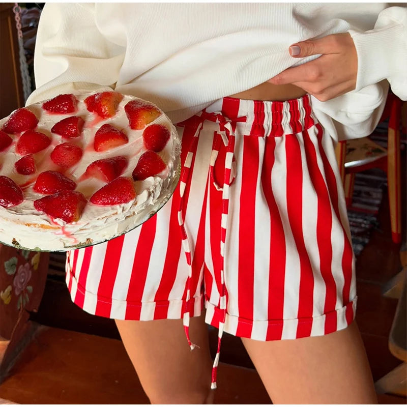 Red White Striped Balloon Pants Women's Elastic Waist Wide Leg Baggy Casual Trouser 2026 Summer New Streetwear Loose Fit Pants