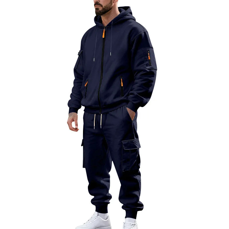 Men's Full Zip Hooded Tracksuit 2 Piece Set Casual Cargo Pocket Jogger Suit Outdoor Sports Hoodie And Pants Set