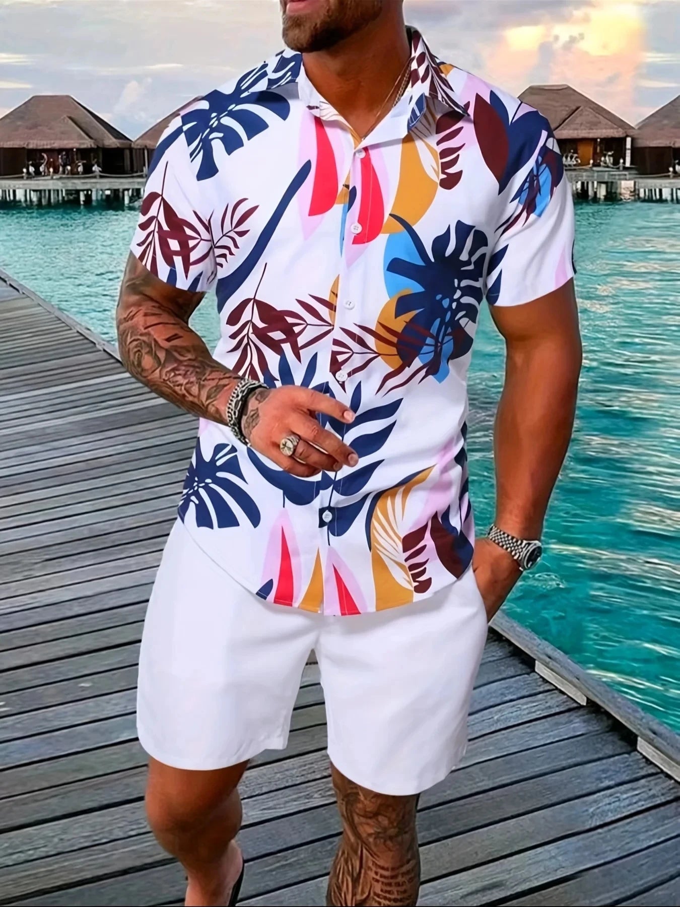 2024 Men Sets Print Patchwork Lapel Short Sleeve Casual Shirt Beach Shorts Summer Streetwear Vacation Hawaiian Suits Men S-5XL