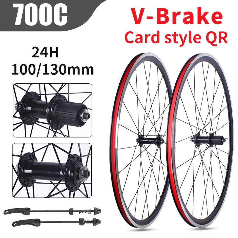 Road Bicycles Wheel Set 700C V Brake Bearing Card QR Hubs 100X130mm 24H Double Layer Aluminum Alloy 30mm Rim 7/10S Bike Wheels
