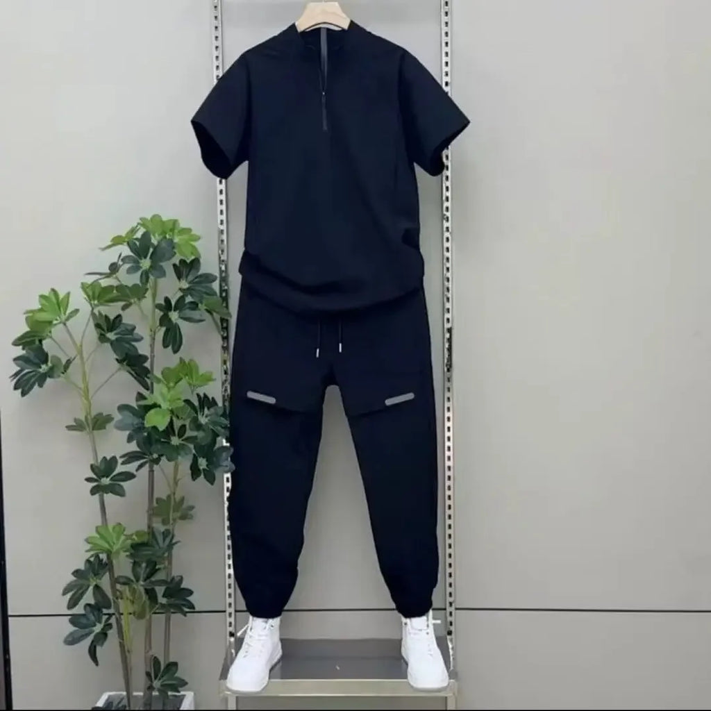 New Men 2 Piece Set Half Zip Stand Collar Loose Quick Dry Breathable Short Sleeve T Shirt Sports Pants Casual Tracksuit