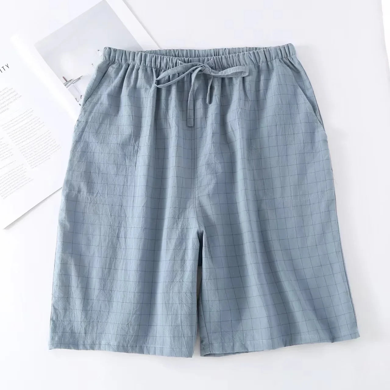 New 2026 Men's Sleepwear Pajama Shorts Plaid Design 100% Cotton Casual Loose Double-layer Homewear Sleep Bottoms Male Home Pants