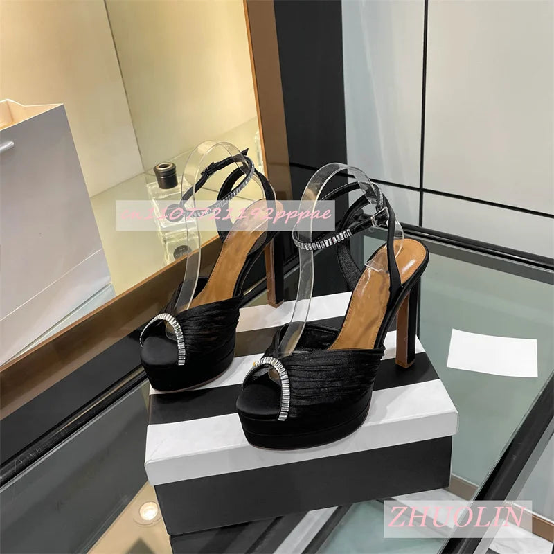 Women'S Satin Rhinestone Double-Layer Platform Shoes Open Toe Chunky Heel Buckle Strap High Heels Elegant Luxury Wedding Shoes