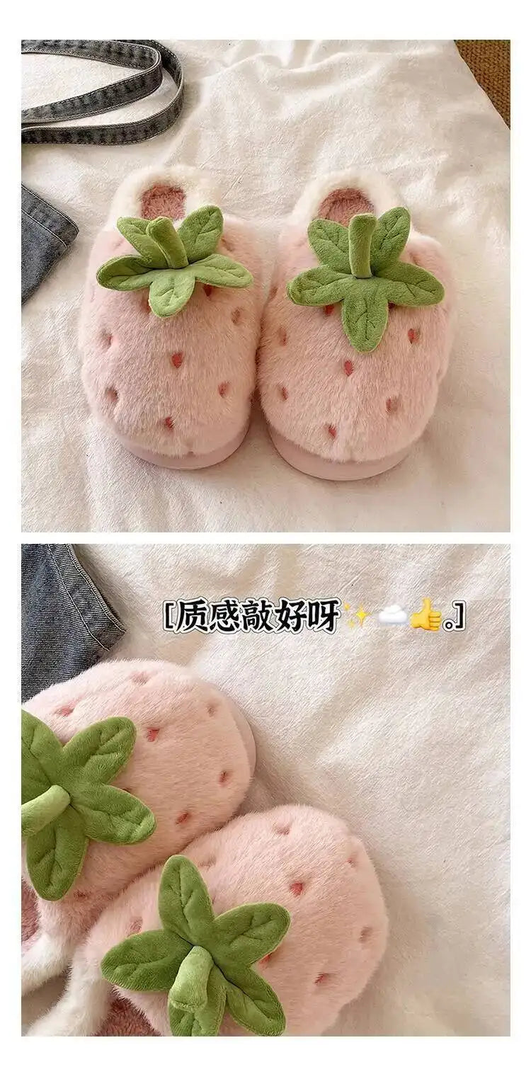 Winter Women's Furry Cotton Home Slippers Cute Strawberry Design Warm Thick Soled Anti Slip Indoor Household Outdoor Wearable