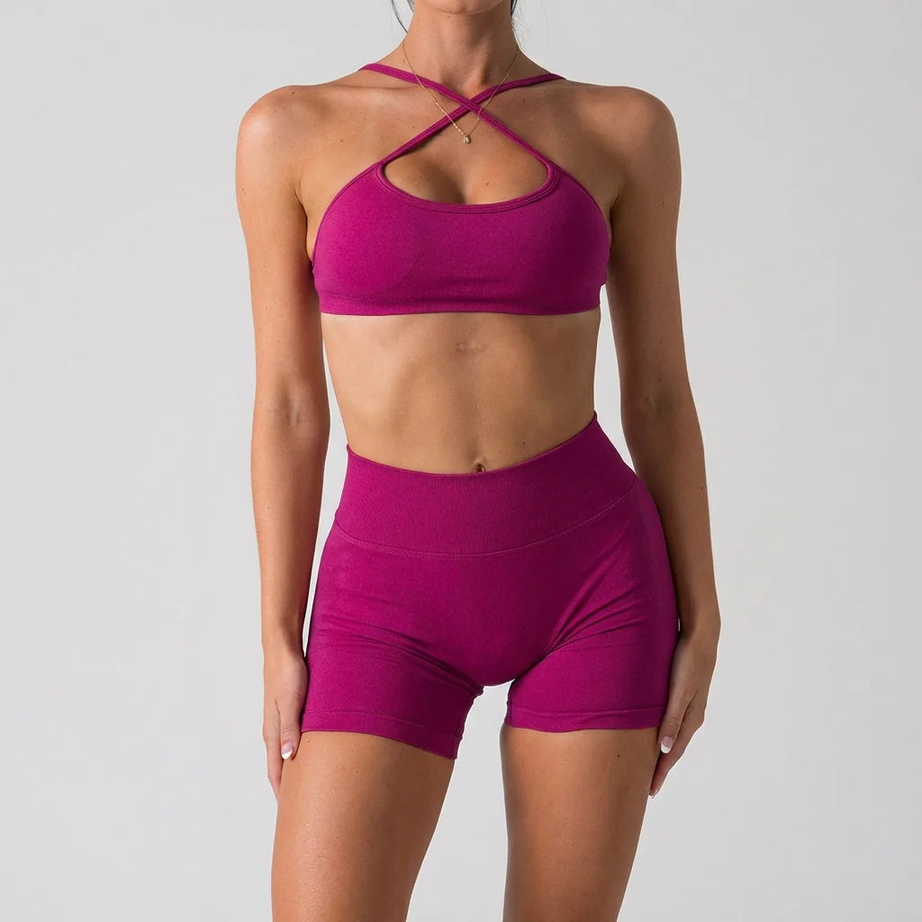 Women's 2-Piece Yoga Suit Seamless Fitness Suit Gym Clothes Sports Bra Impact Shorts Set Workout Set Gym Outfit