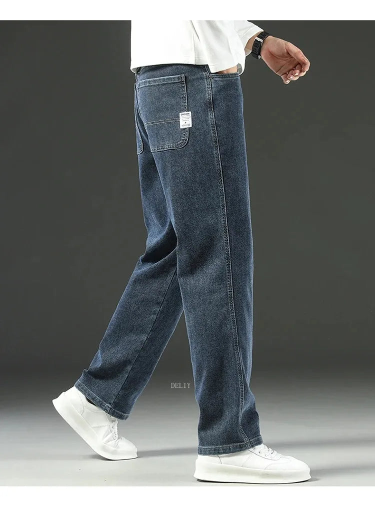 Autumn Winter  Brand New High Waist Jeans Classic Business Casual Office Men's Fashion Stretch Slim Denim Jeans Navy Blue