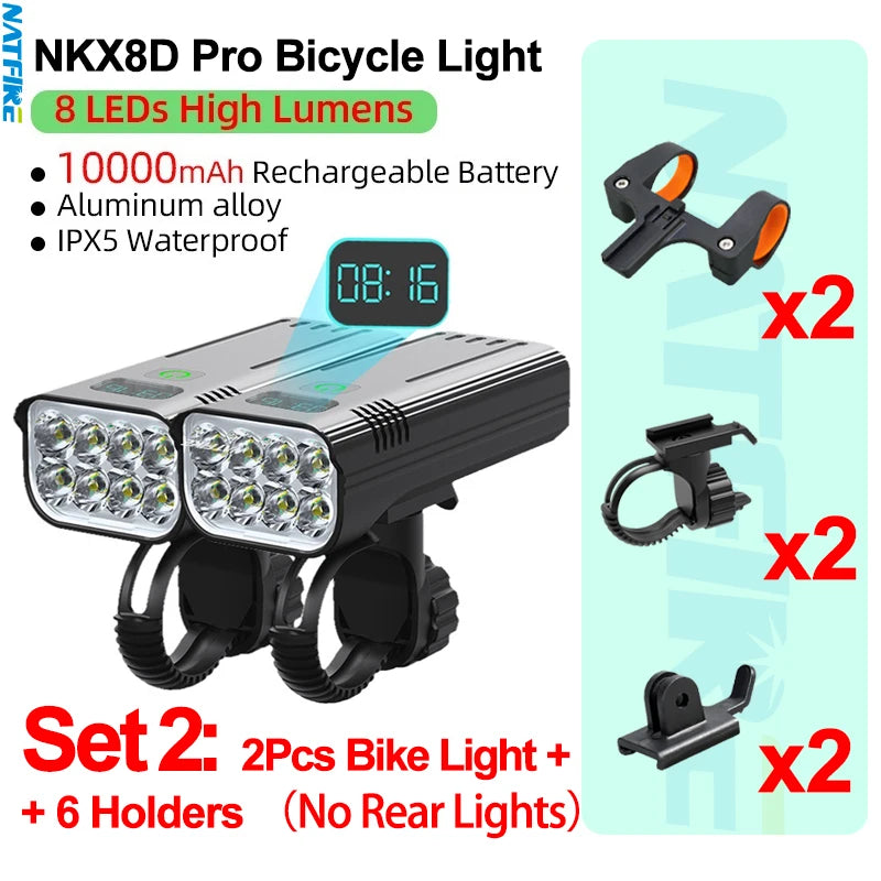 Upgrade 8-6 LED Bicycle Light Powerful Bike Headlight 10000mAh USB Rechargeable as Power Bank Front and Rear Lights Set Optional