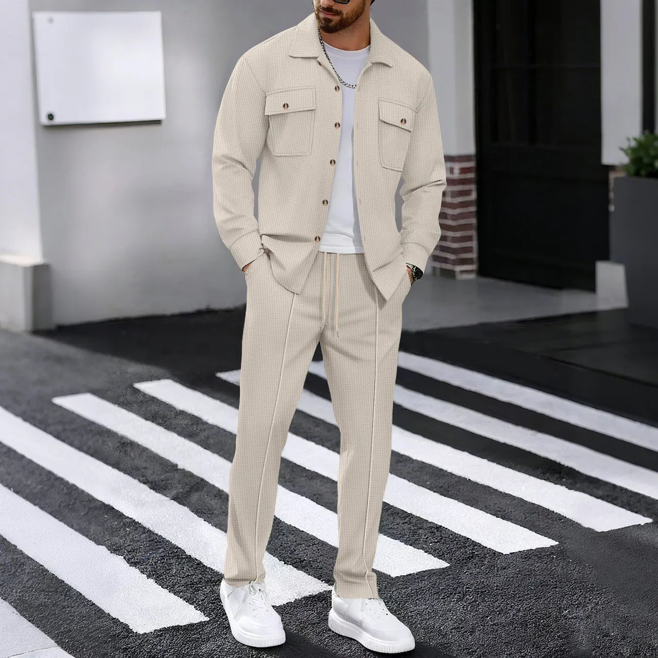 New autumn style waffle long-sleeved solid-color double-pocket buttoned cardigan shirt and pants set