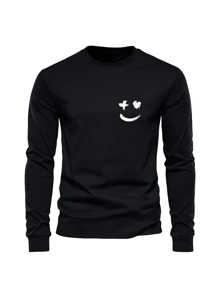 Simple Smiley Face Printed Men's Fashion Long-sleeve Round Neck T-shirt Autumn and Spring Season Mens Home Leisure Plus Size Top