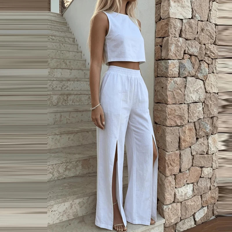 Elegant Lady Simple Commute Outfits Casual O-neck Solid Crop Tops&Split Pants Sets Summer High Waist Pocket Pants Two Piece Sets