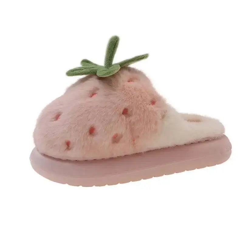 Winter Women's Furry Cotton Home Slippers Cute Strawberry Design Warm Thick Soled Anti Slip Indoor Household Outdoor Wearable