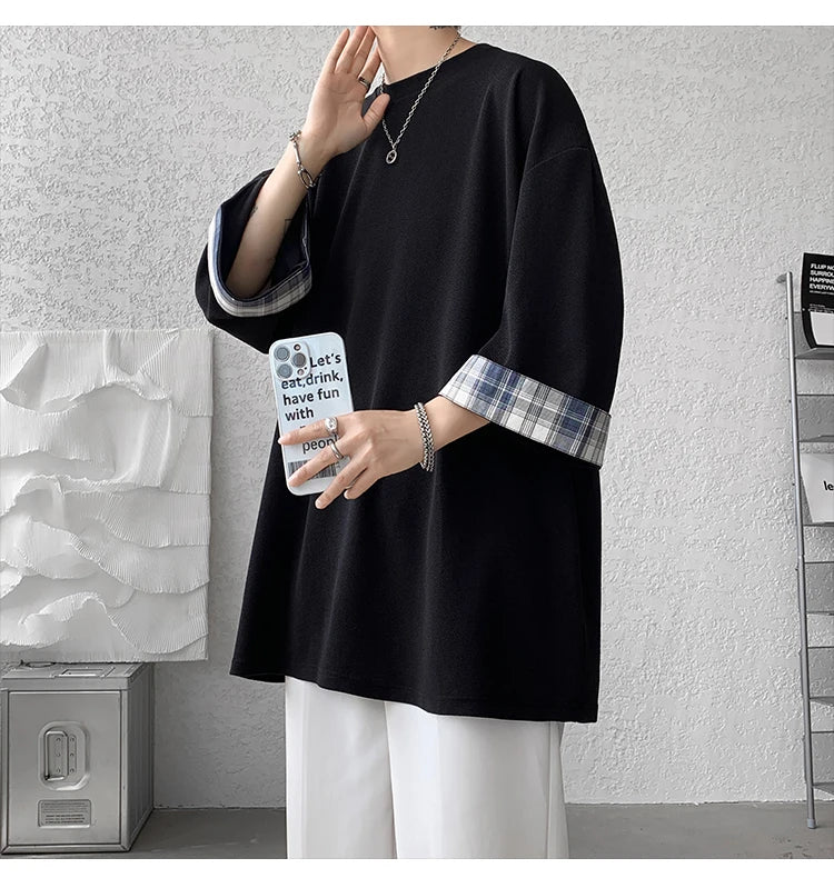 men t shirts Summer Men's T-shirts Women Oversized 2XL Korean Style Loose Plaid T-shirt Casual Seven sleeves T-Shirt Male White