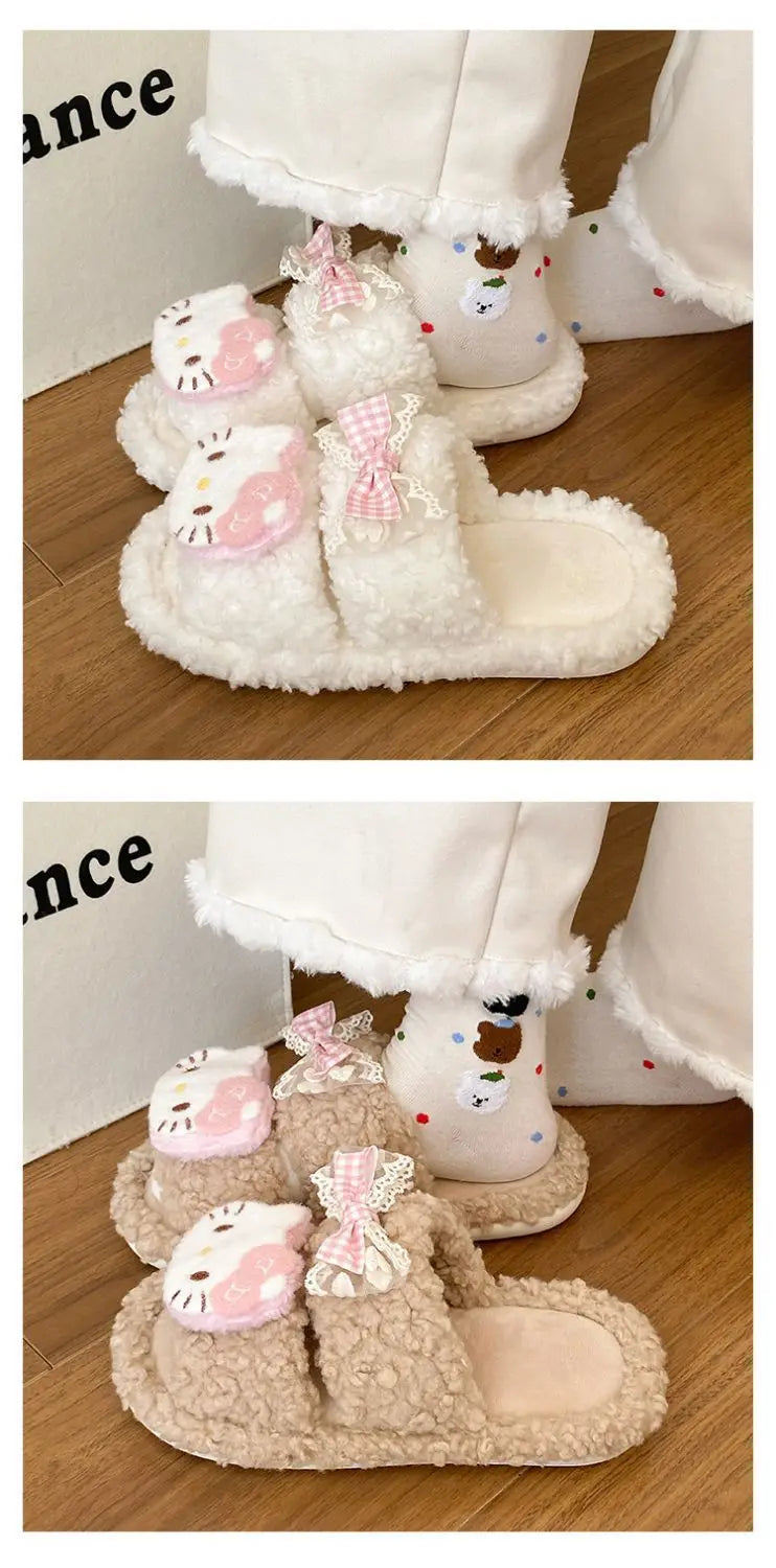 Sanrio Hello Kitty Adult Cotton Slippers Y2K Kawaii Cartoon Winter Indoor Open Toe Anti-Slip Slipper Comfortable Warm Shoes New
