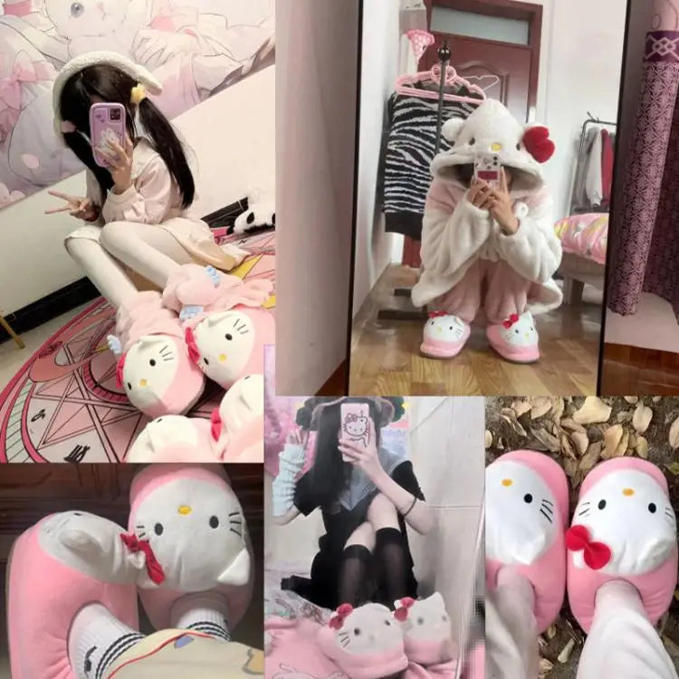 Y2K Hello Kitty Women Plush Cotton Shoes Big Head Slippers Sanrio Kawaii Anime Flat Shoes Winter Warm Thickened Cute Student