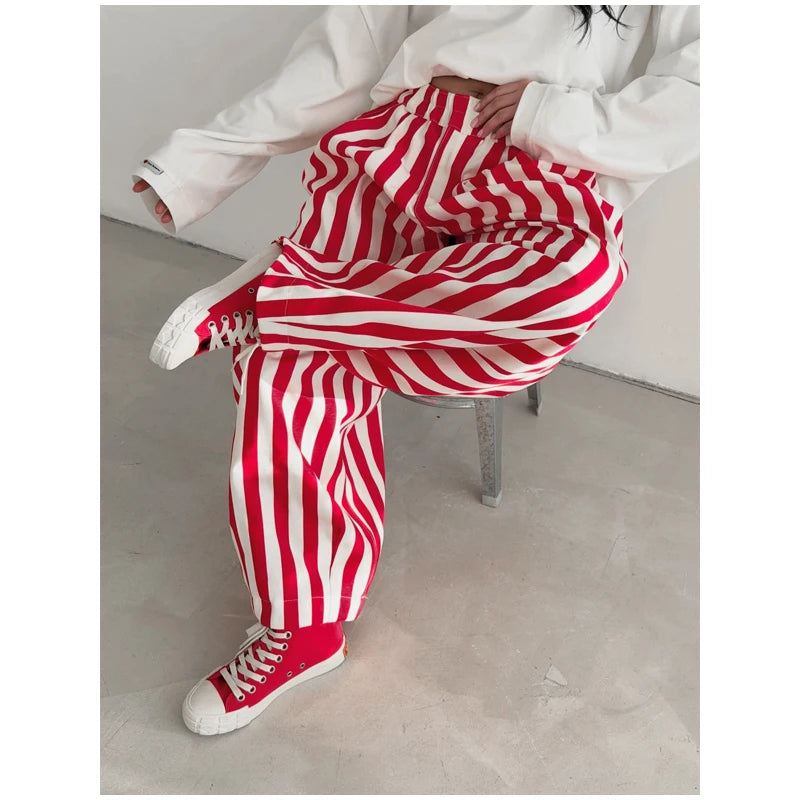 Red White Striped Balloon Pants Women's Elastic Waist Wide Leg Baggy Casual Trouser 2026 Summer New Streetwear Loose Fit Pants
