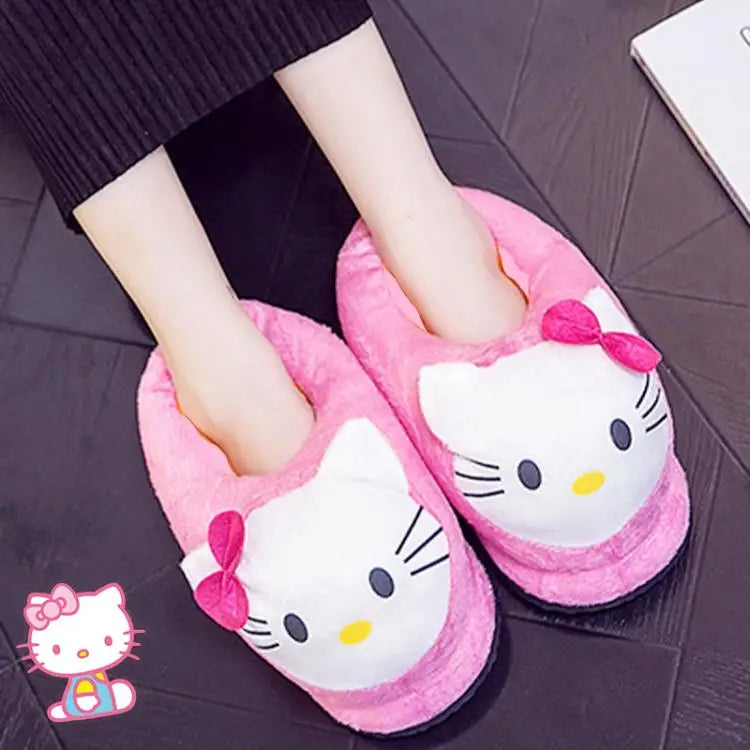 Y2K Hello Kitty Women Plush Cotton Shoes Big Head Slippers Sanrio Kawaii Anime Flat Shoes Winter Warm Thickened Cute Student