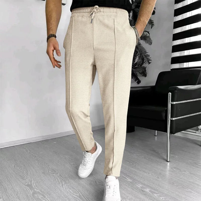 Men Waffle Knit Slim Fit Pants Drawstring Trousers With Pockets Stylish Design Spring Autumn Outdoor Travel Daily Street Wear