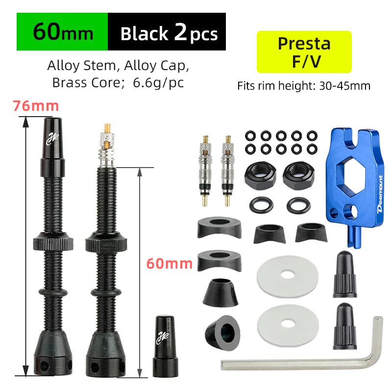 Deemount Bicycle Tubeless Carbon Rim Presta Valves 44/60/80mm F/V Brass Core CNC Machined Anodized W/Tool