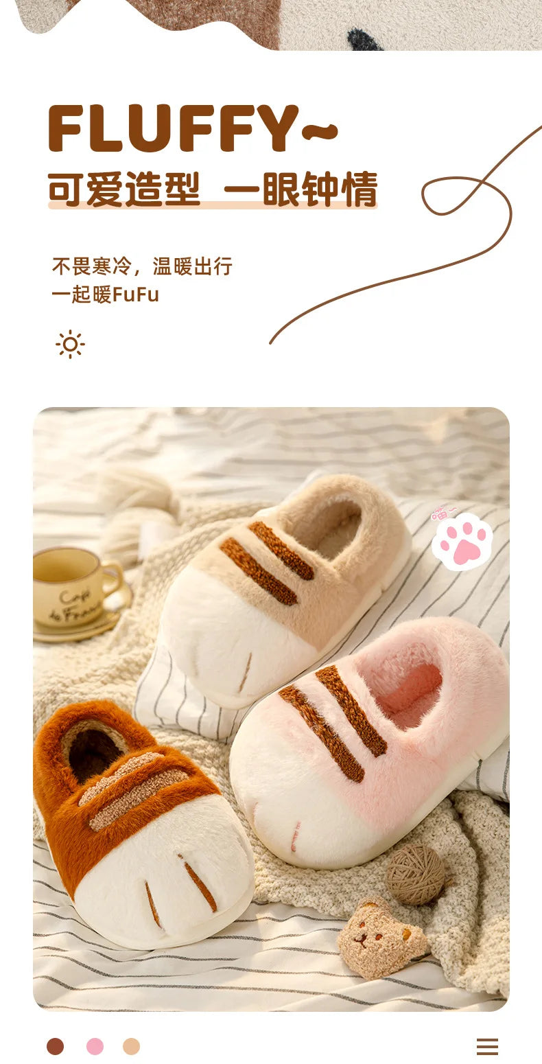 Newest cat paw feet slippers woman fluffy closed heel home shoes for women winter warm slip on animal claw slipper furry loafer
