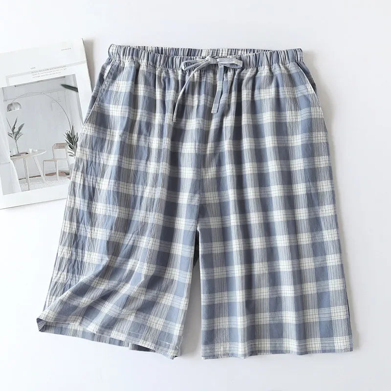 New 2026 Men's Sleepwear Pajama Shorts Plaid Design 100% Cotton Casual Loose Double-layer Homewear Sleep Bottoms Male Home Pants