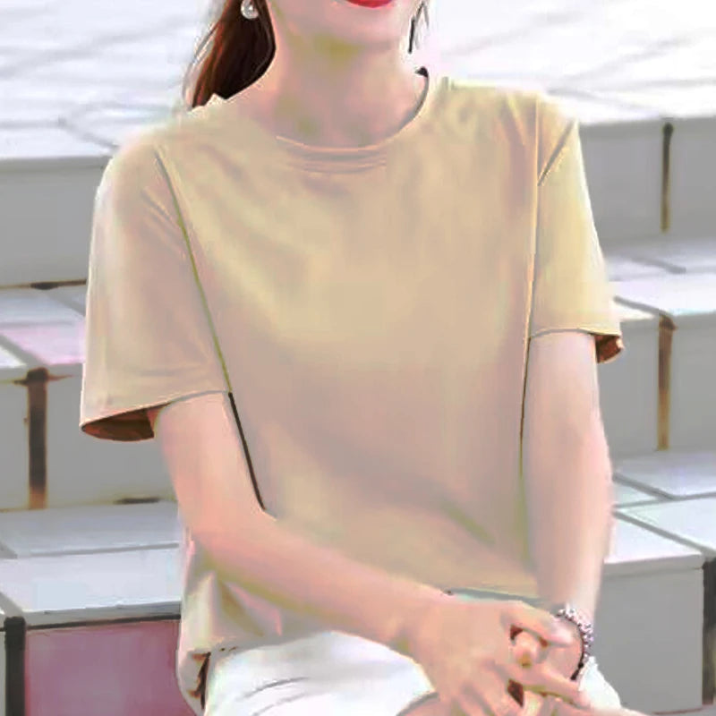 Summer Casual 100% Cotton Regular-Fit Women Crew Neck Basic White T-Shirts