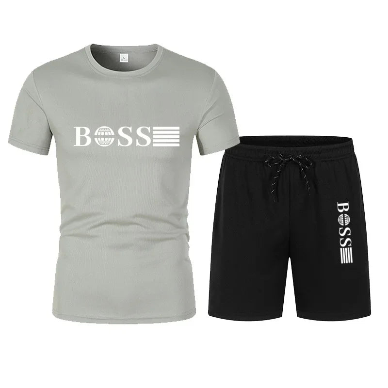 Spring and Summer New Two-piece Men's Running T-shirt and Short Casual Elastic Round Neck Sports Suit Comfortable Quick Drying