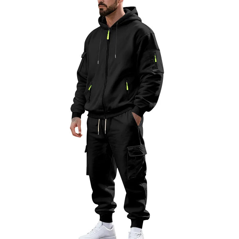 Men's Full Zip Hooded Tracksuit 2 Piece Set Casual Cargo Pocket Jogger Suit Outdoor Sports Hoodie And Pants Set