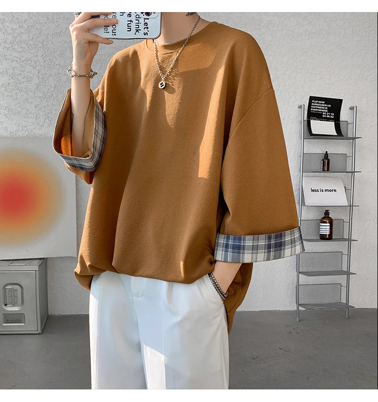 men t shirts Summer Men's T-shirts Women Oversized 2XL Korean Style Loose Plaid T-shirt Casual Seven sleeves T-Shirt Male White