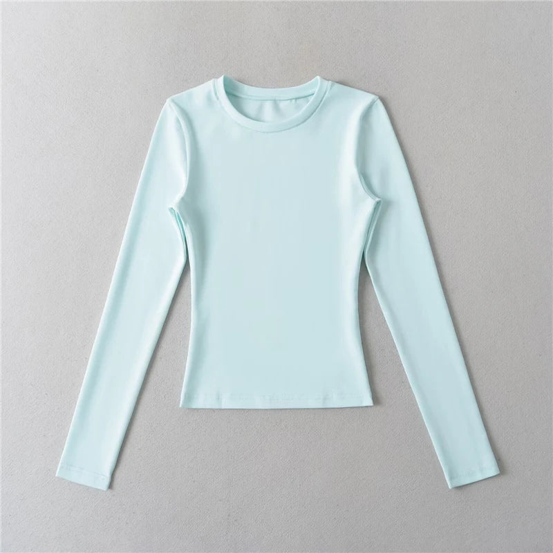 LUNDUNSHIJIA O-neck Long Sleeve T-shirts For Women 2025 New Spring Ladies Solid Cotton Slim Tee Shirts 10 Colors