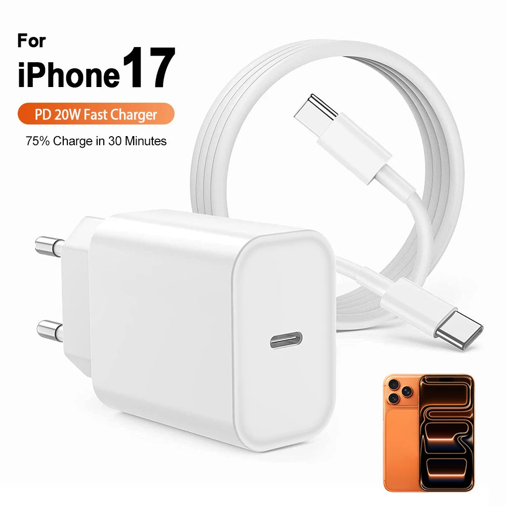PD Charger 20W Fast Charging USB Type C Power Adapter For iPhone Apple 17 16 15 Pro Max iPad XiaoMi Samsung Quick Charger Cable