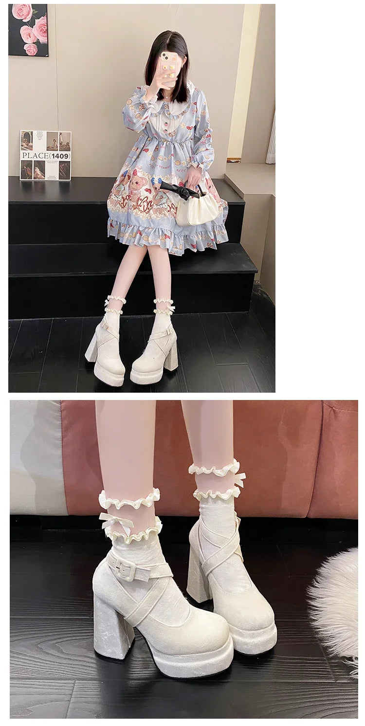 Platform Mary Janes Shoes Women Suede Luxury High Heel Lace Up Trend Lolita Shoes Elegant Chunky Party Pumps Sandalias Muje
