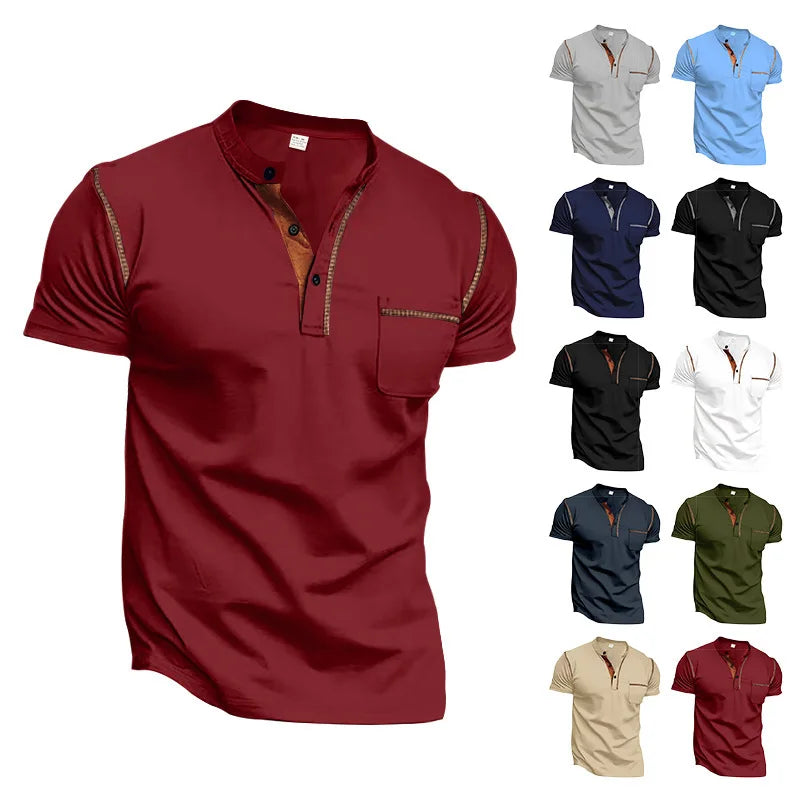 Summer men's fashionable Henry collar half-button short-sleeved moisture-wicking breathable casual American stretch T-shirt top
